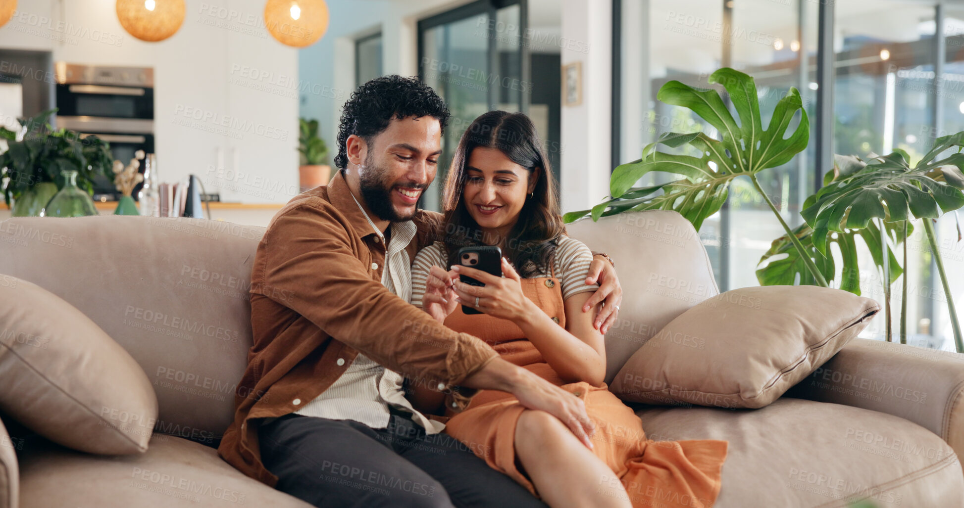 Buy stock photo Home, love or couple on couch, smartphone or internet with social media, texting or relationship. Digital app, man or woman with cellphone, marriage or email notification with message or subscription