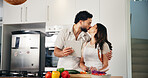 Tablet, kiss and cooking with couple in kitchen for health, food and online recipe. Love, bonding and nutrition ingredients with man and woman helping at home for meal prep, wellness and lunch menu