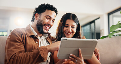 Buy stock photo Home, internet and couple on sofa, tablet and entertainment with social media, bonding together and connection. Love, relationship and man with woman, tech or digital app with website info or network