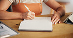 Remote work from home, hands and writing with woman, creativity and planning with journal. Person, entrepreneur and freelancer with notebook, ideas for project and brainstorming with schedule