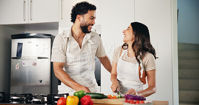 Buy stock photo Laugh, vegetables and cooking with couple in kitchen for health, food and recipe. Love, bonding and nutrition ingredients with man and woman helping at home for meal prep, wellness and lunch menu