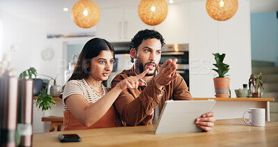 Buy stock photo Home, planning and couple with tablet, talking and connection for decoration inspiration. Brainstorming, apartment and man with woman, conversation and digital app for renovation and ideas for lounge