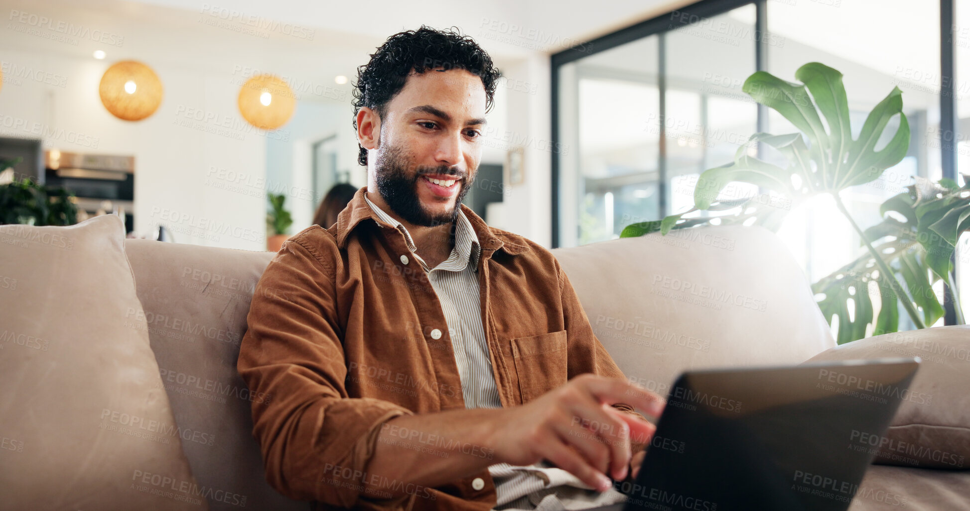 Buy stock photo Smile, man and relax to laptop at house for financial planning, reading email and online payment. Male person, pointing and digital on bank website, investment report and feedback of loan application