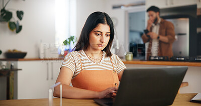 Buy stock photo Typing, laptop and remote work with woman in kitchen for research, blog writer and news post. Entrepreneur, freelancer and online feedback with person at home for media update, startup and planning