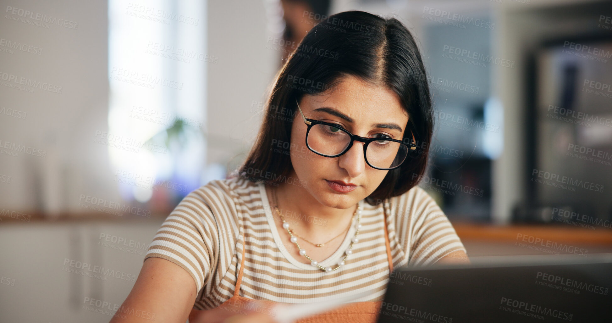 Buy stock photo Reading, writer or woman on laptop in home for remote work, research or website for learning. Schedule, female author or creative freelancer writing for study, planning ideas or publishing review