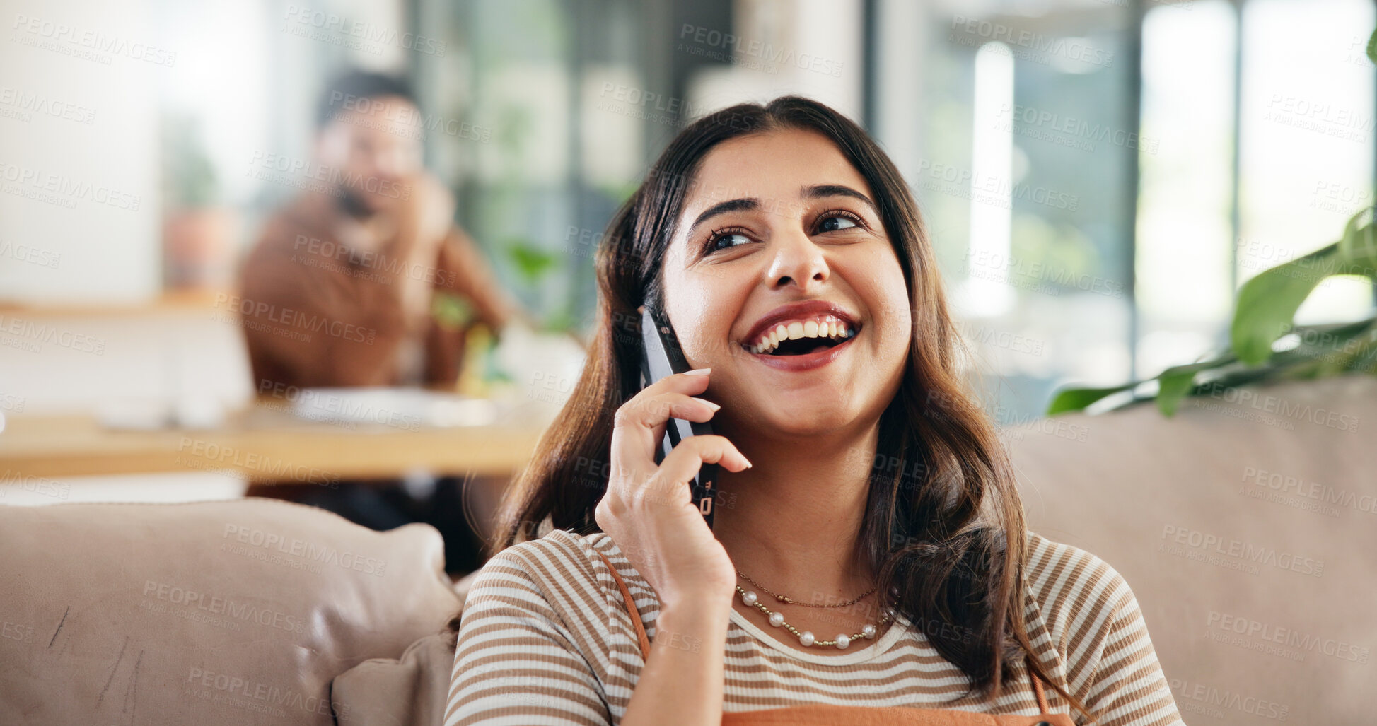 Buy stock photo Home, phone call and woman on sofa, smile or funny with connection, humor and relax in lounge. Happy person, chatting and girl on couch, cellphone and communication with digital app and laughing