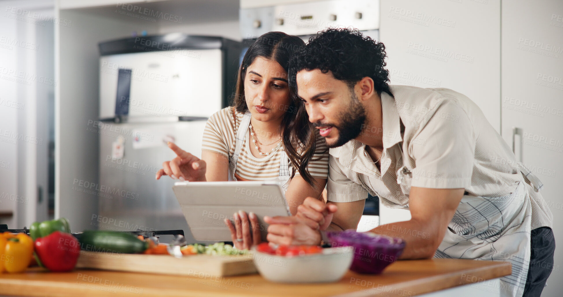Buy stock photo Couple, food or cooking with tablet in kitchen for online recipe, meal instructions or reading tutorial. People, dinner blog or internet ingredients for healthy salad, web guidance or bonding in home