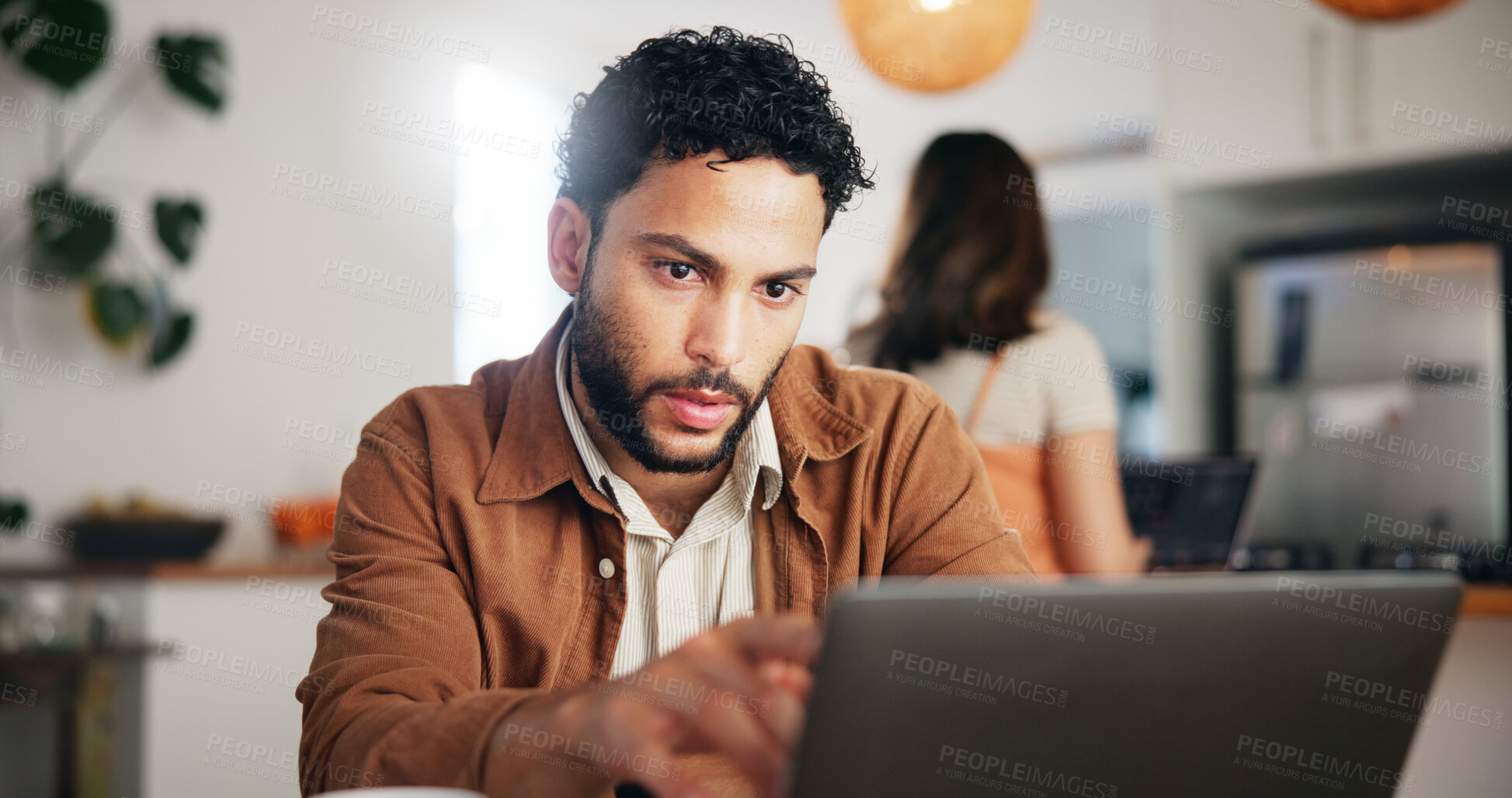 Buy stock photo Search, laptop and remote work with man in kitchen for research, blog writer and news post. Entrepreneur, freelancer and online feedback with person at home for media update, startup and planning