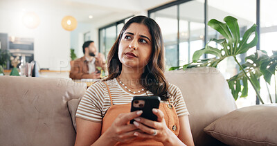 Buy stock photo Woman, relax and thinking on sofa with phone, social media or ideas for new home improvement. Person, network or tech in living room for planning renovation, brainstorming or online creative platform