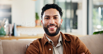 Buy stock photo Smile, relax and portrait of man on sofa for calm, peace and happiness in living room for weekend. Home, chill and face of male person from Canada on couch in lounge for vacation or holiday.