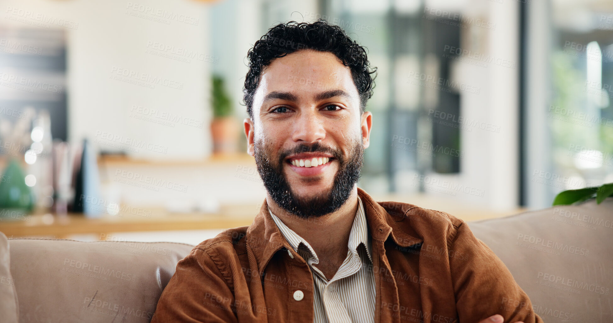 Buy stock photo Smile, relax and portrait of man on sofa for calm, peace and happiness in living room for weekend. Home, chill and face of male person from Canada on couch in lounge for vacation or holiday.