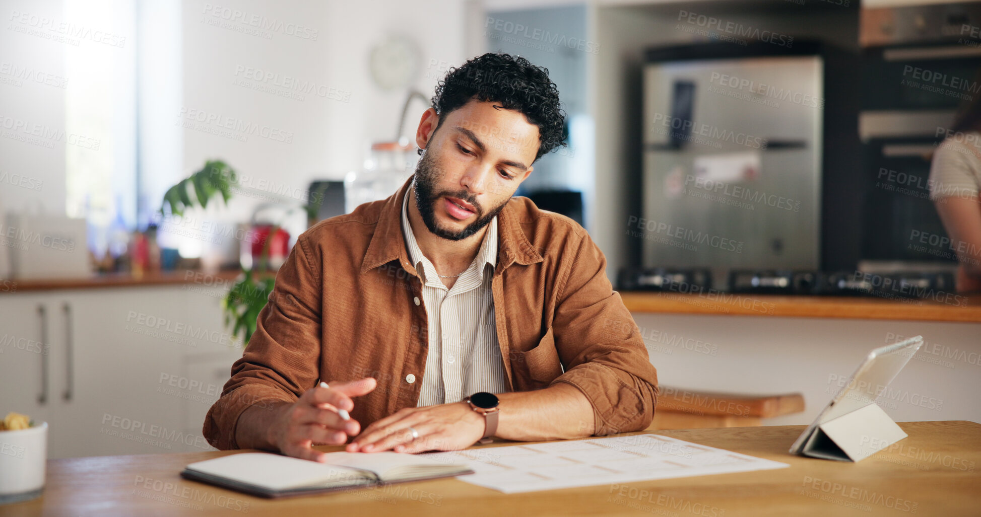 Buy stock photo Man, notebook and calendar planning in home with tablet agenda, meeting deadline and time management. Remote work, entrepreneur and schedule for tasks reminder, appointment date and notes planner.