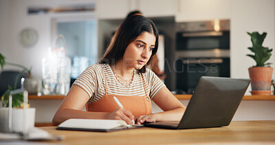 Buy stock photo Notebook, writer or woman on laptop in home for remote work, research or website for learning. Schedule, female author or creative freelancer writing for campaign, planning ideas or publishing review