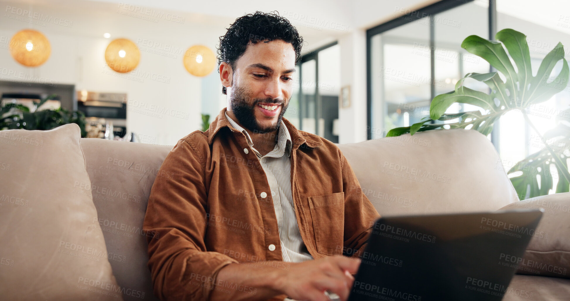 Buy stock photo Happy, man and relax to laptop at house for financial planning, reading email and online payment. Male person, typing and digital with bank website, investment report and feedback of loan application