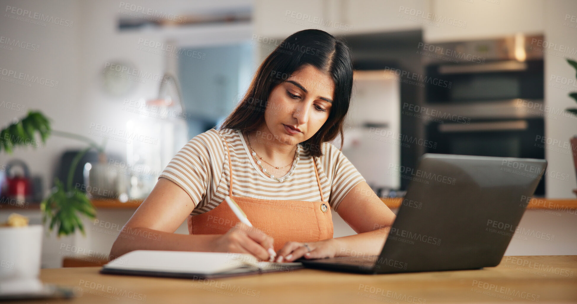 Buy stock photo Diary, writing or woman on laptop in home for remote work, research or website for learning. Schedule, female author or creative freelancer with notebook for blog, planning ideas or publishing review