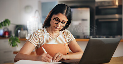 Buy stock photo Diary, writing or woman on laptop in house for remote work, research or learning for report. Schedule, female author or creative freelancer with notebook for blog, planning ideas or publishing review