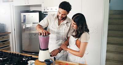 Buy stock photo Happy, morning and couple in kitchen with smoothie for wellness, nutrition and healthy drink. Home, blender and man and woman with breakfast fruit shake for benefits, organic diet and vitamins