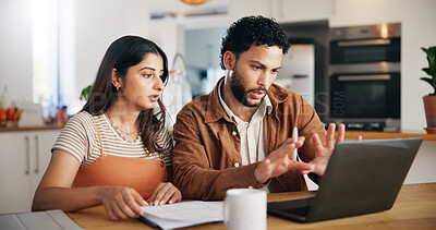 Buy stock photo Budget, laptop and couple in home for discussion, debt or solution for savings. Computer, man and woman in kitchen with bills, tax expenses and planning financial payment with document for mortgage