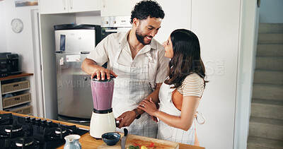 Buy stock photo Fruit smoothie, happy and couple in kitchen for breakfast for wellness, nutrition and healthy ingredients. Home, morning and man and woman with blender for natural benefits, organic diet and vitamins