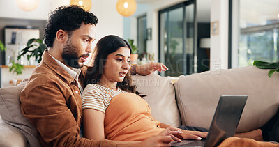 Buy stock photo Home, internet and couple on sofa, laptop and conversation with movie, bonding together and connection. People, apartment and man with woman, computer and romance with entertainment and online film