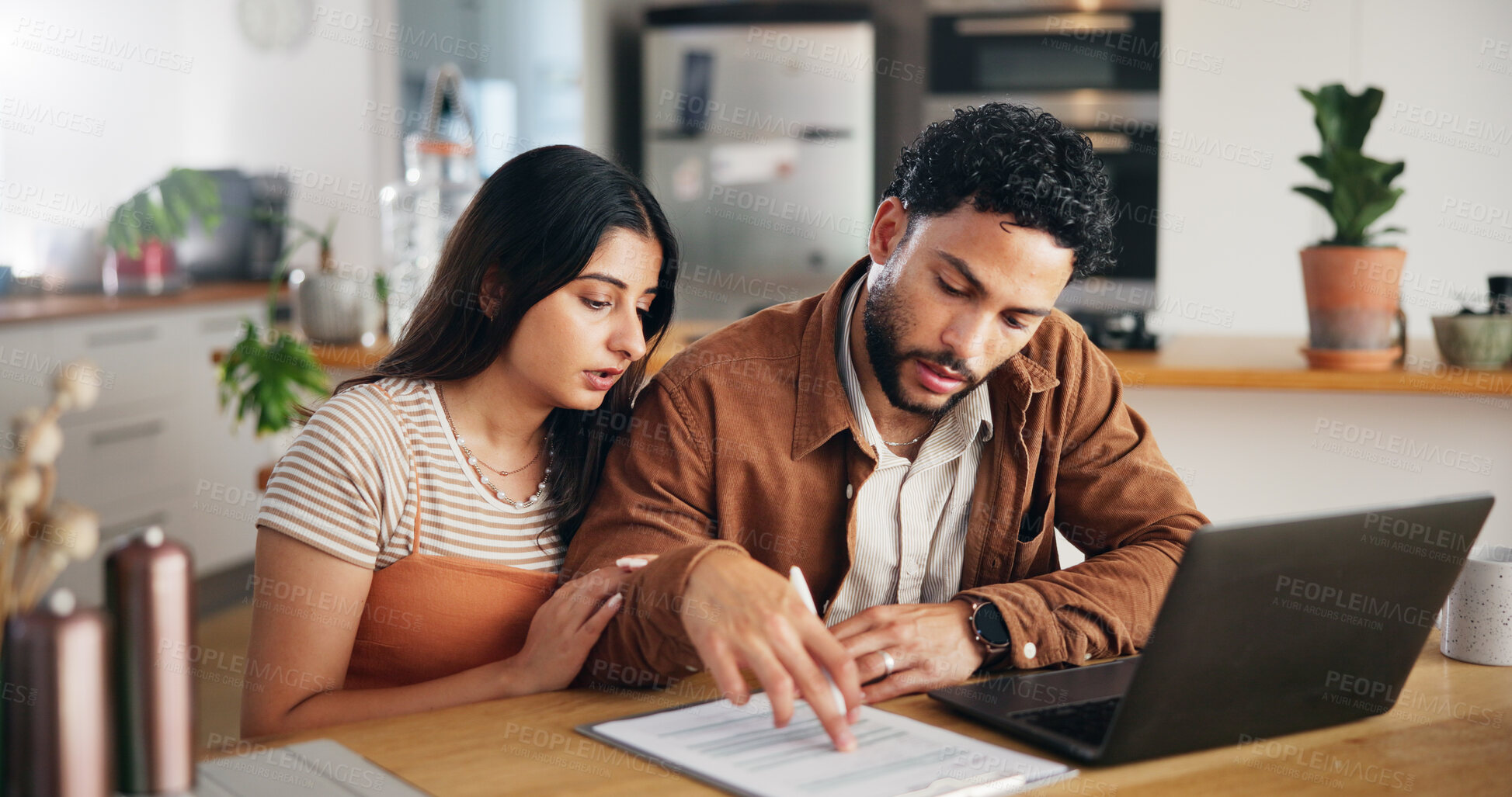 Buy stock photo Insurance, documents and couple in home for discussion with financial application, mortgage or loan form. Paper, man and woman with contract for budget, policy premium or help with planning on laptop