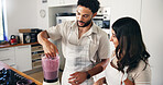 Breakfast, blender and couple in kitchen with smoothie for wellness, nutrition and healthy drink. Home, morning and happy man and woman with fruit shake for benefits, organic diet and vitamins