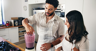 Buy stock photo Breakfast, blender and couple in kitchen with smoothie for wellness, nutrition and healthy drink. Home, morning and happy man and woman with fruit shake for benefits, organic diet and vitamins