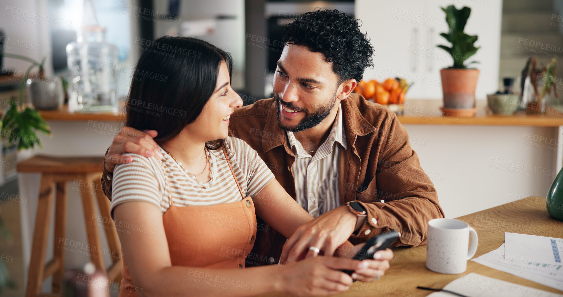 Buy stock photo Home, love and couple with smartphone, talking and social media with connection. People, apartment and man with woman, texting and conversation with digital app, subscription and website info
