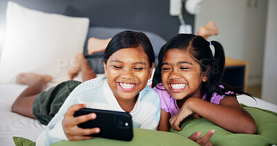 Buy stock photo Smile, children and relax with selfie in bedroom for photography, social media post and bonding together. Happy, girls and profile picture update, family blog and siblings memory on weekend at house