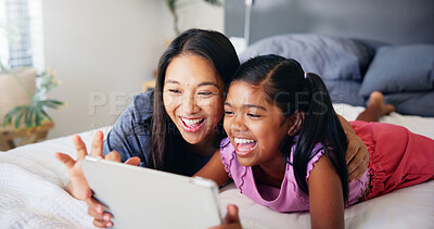 Buy stock photo Scroll, tablet and mother with daughter in bedroom for streaming service, movie subscription and comedy. Happy, cartoon and entertainment with woman and child at home for app, digital and bonding 