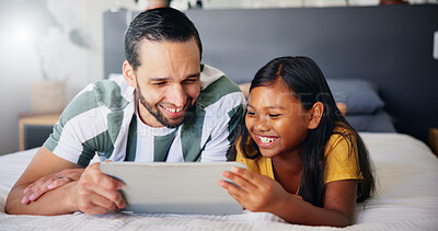 Buy stock photo Smile, tablet and father with daughter in bedroom for streaming service, movie subscription and comedy. Happy, cartoon and entertainment with man and child at home for app, digital and bonding