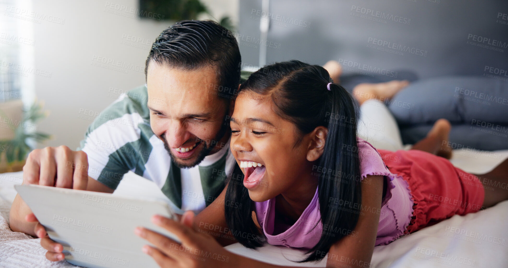 Buy stock photo Laugh, tablet and father with daughter in bedroom for streaming service, movie subscription and comedy. Happy, cartoon and entertainment with man and child at home for app, digital and bonding