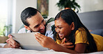 Father, girl and relax with tablet on bed for playing educational game, streaming service or online video. Happy family, man and child with digital app in home for watching cartoon, movies or bonding