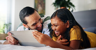 Buy stock photo Father, girl and relax with tablet on bed for playing educational game, streaming service or online video. Happy family, man and child with digital app in home for watching cartoon, movies or bonding