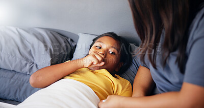 Buy stock photo Home, mother and girl in bed, sick and monitor fever with illness, cold and coughing. Apartment, family and parent with child, mama and disease with care, virus infection and help with concern 