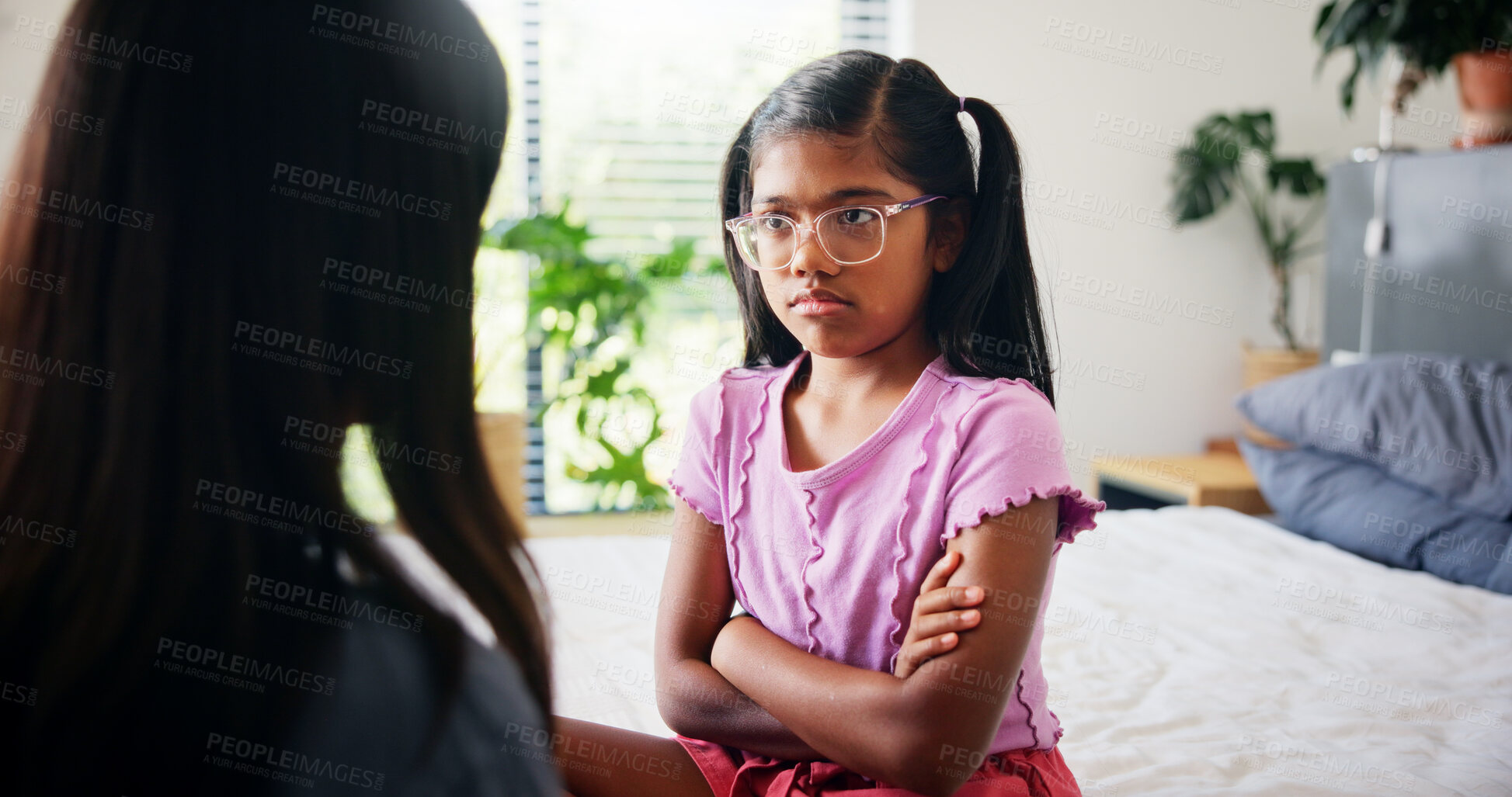 Buy stock photo Arms crossed, discipline or scolding with mother and daughter in bedroom of home for behavior correction. Conversation, family or punishment with single parent and girl child in apartment for lesson