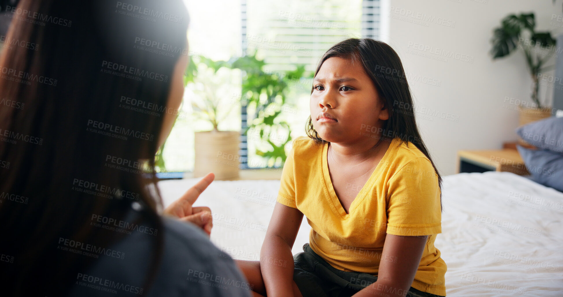 Buy stock photo Discipline, pointing finger or scolding with mother and daughter in bedroom of home for behavior correction. Family, punishment or talking with single parent and girl child in apartment for lesson
