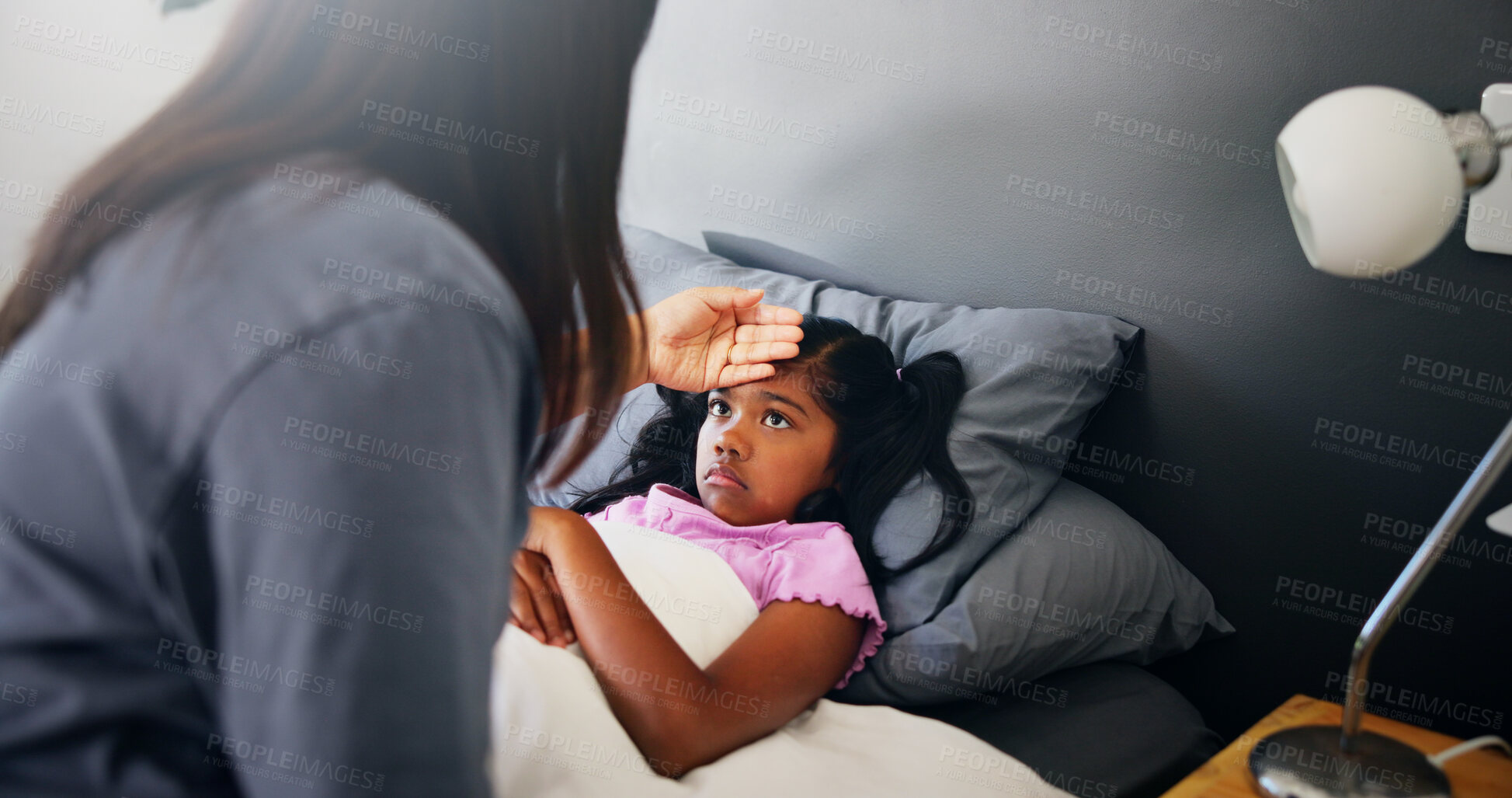 Buy stock photo Care, mother and girl in bed, sick and monitor fever with illness, concern and unhealthy kid. Apartment, family and parent with child, mama and disease with virus infection, home and help with worry