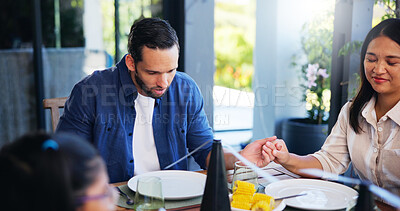 Buy stock photo Praying, family and holding hands for meal, home and gratitude with children for faith or religion. House, people and parents with kids in morning, worship or praise for food, mom and dad with belief