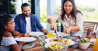 Buy stock photo Happy, eating and family with breakfast in home for healthy, wellness and nutrition together. Bonding, love and parents with children for enjoying morning meal by dining table in house for gathering.