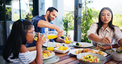 Buy stock photo Eating, happy and family with breakfast in home for nutrition, health or wellness food together. Bonding, love and parents with children enjoying morning meal by dining table for connection in house.