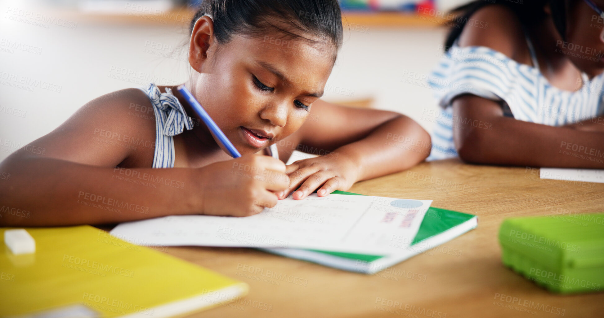 Buy stock photo Education, writing and child with homework in house for learning, studying or development. Knowledge, student and girl kid drawing with practicing for school assessment, test or assignment by table.