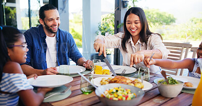 Buy stock photo Eating, laughing and family with breakfast in home for nutrition, health or wellness food together. Bonding, love and parents with kids enjoying morning meal by dining table for connection in house.