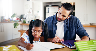Buy stock photo Dad, girl and homework with book on table for learning assessment, knowledge and support in education. Confused, family and father with child in house for development, homeschool or help for studying