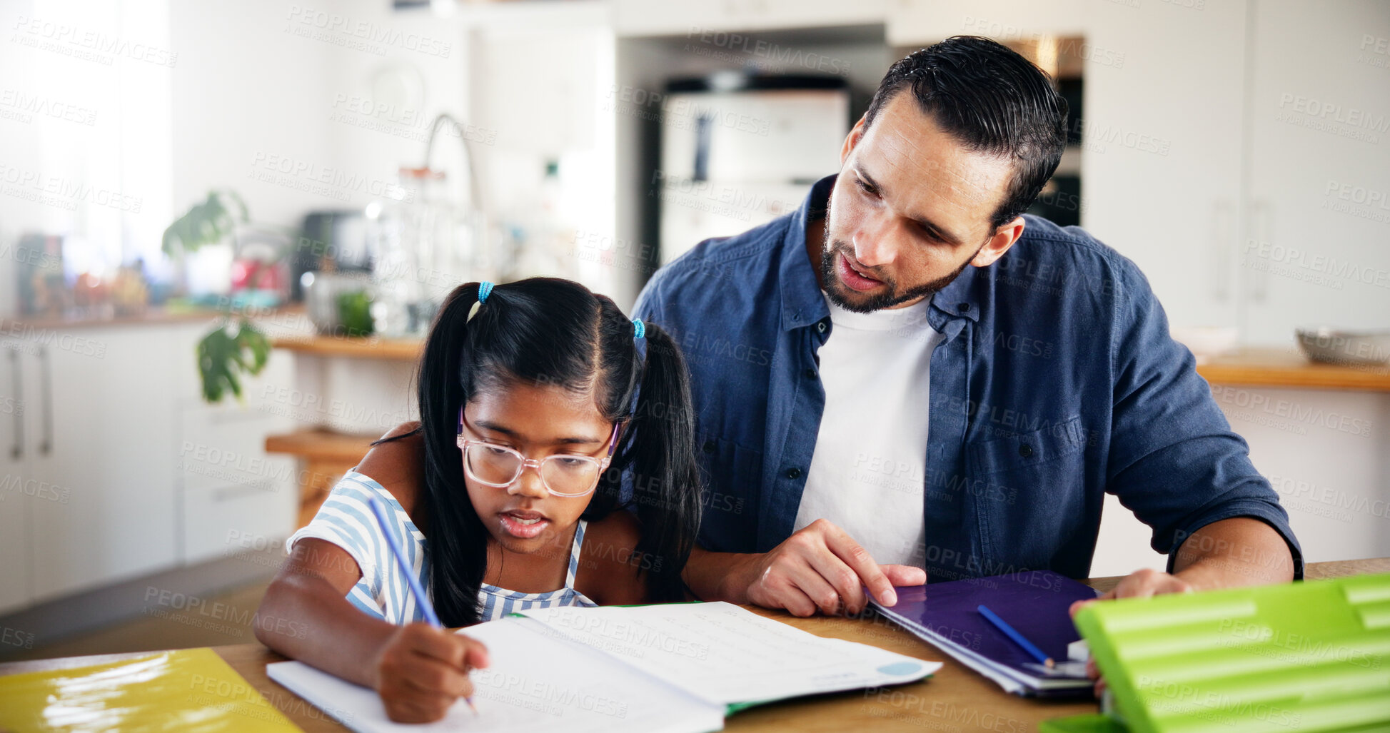 Buy stock photo Dad, girl and homework with book on table for learning assessment, knowledge and support in education. Confused, family and father with child in house for development, homeschool or help for studying