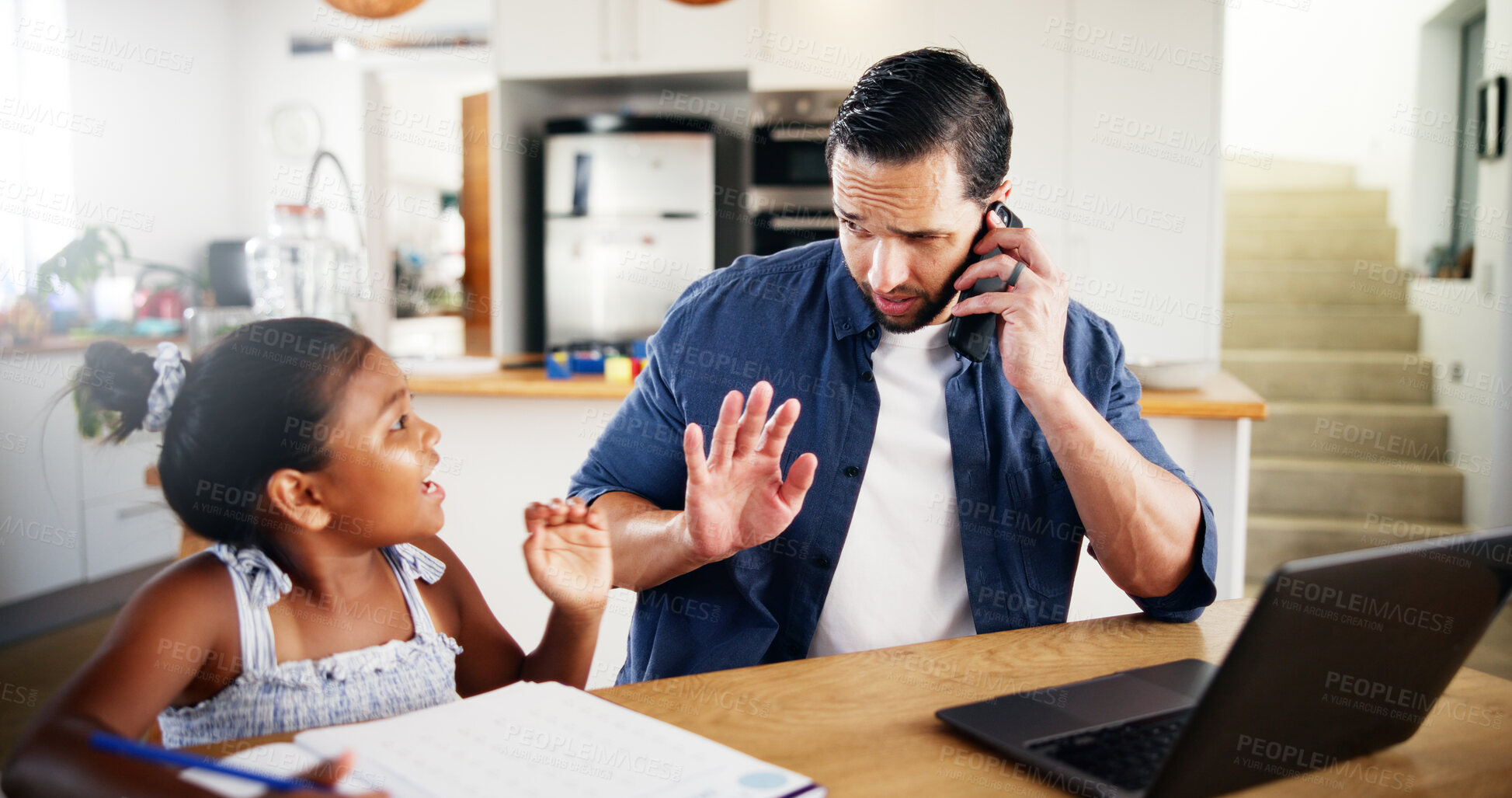 Buy stock photo Remote work, girl and father with phone call, busy and distracted for deadline, education and homework. Dad, daughter and multitasking with child, learning and questions or attention in home for help