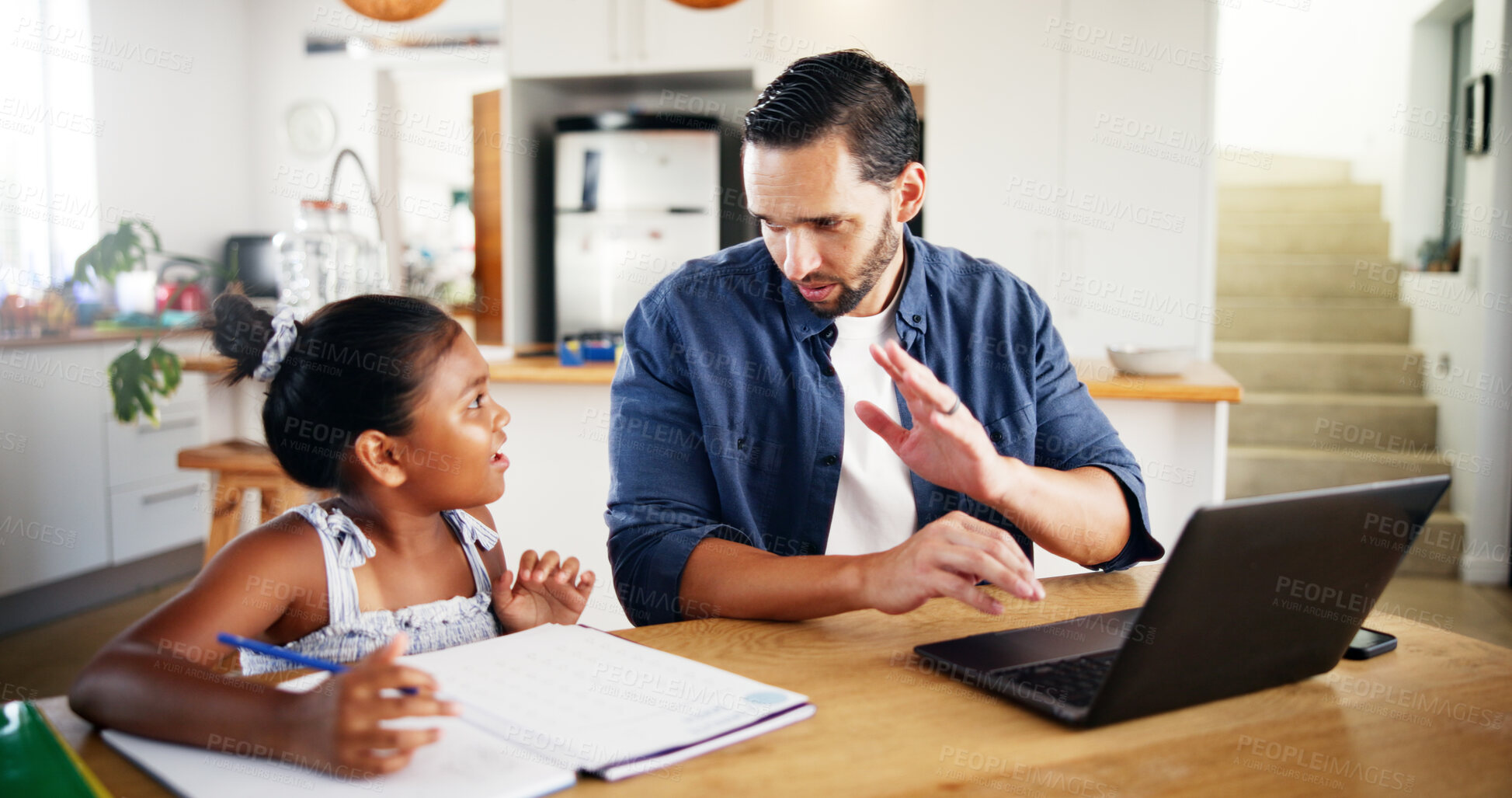 Buy stock photo Remote work, girl and father with help, busy and distracted for deadline, education and homework. Dad, daughter and multitasking with child, learning and questions with attention in home for study