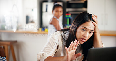 Buy stock photo Laptop, remote work and video call with woman in home for business, communication or virtual meeting. Computer, conversation or stress and freelance person in kitchen of apartment with frustration