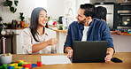 Savings, laptop and happy couple planning finance, salary budget and credit score in home. Computer, man and woman in discussion for bills with insurance, mortgage email or online banking with family
