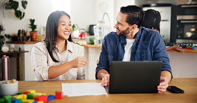 Buy stock photo Savings, laptop and happy couple planning finance, salary budget and credit score in home. Computer, man and woman in discussion for bills with insurance, mortgage email or online banking with family